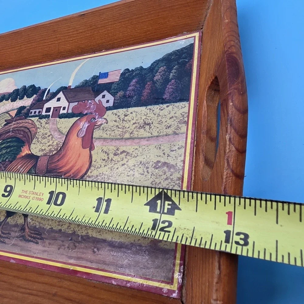 Vintage Wooden Tray Rooster Pulling Cart Farmhouse